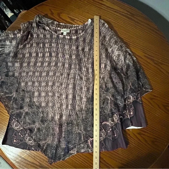 One World Plus Sz 1X Printed Long Sleeve Top w/ Chiffon Embellish Poncho Purple - Picture 14 of 14